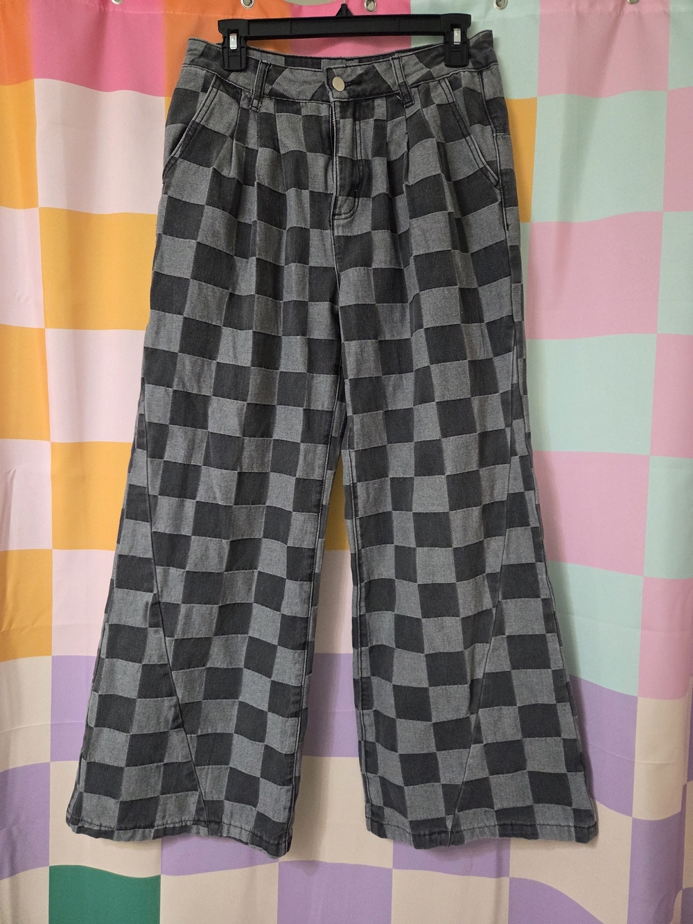 Junior's Checkerboard Wide-Leg Pants - Black/Grey